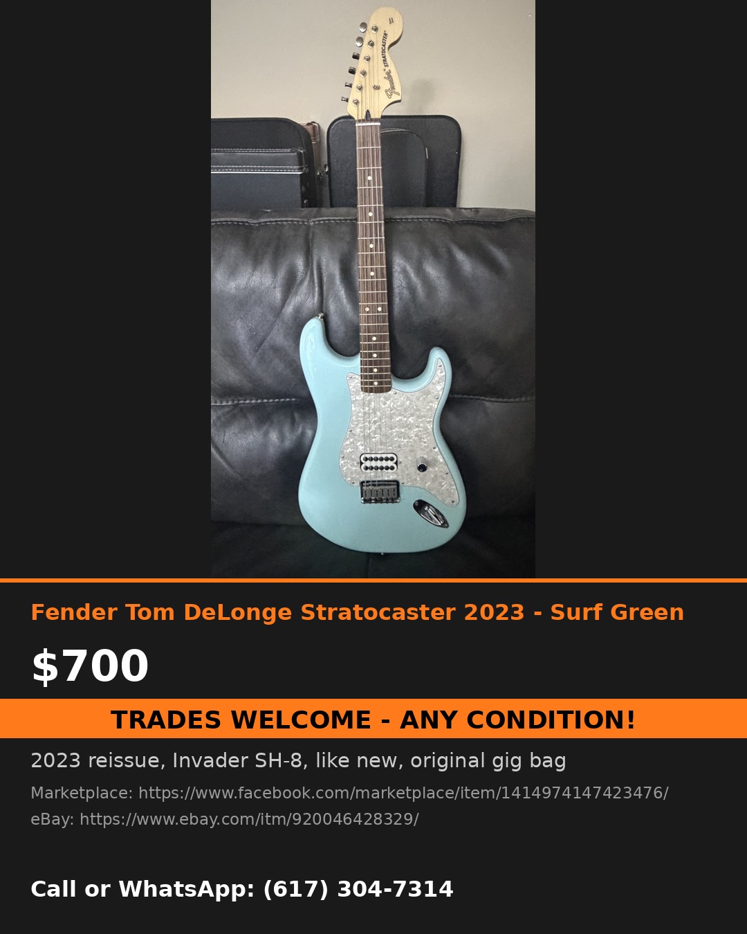2023 Fender Tom DeLonge Stratocaster Surf Green for sale at JRG Guitars Boston