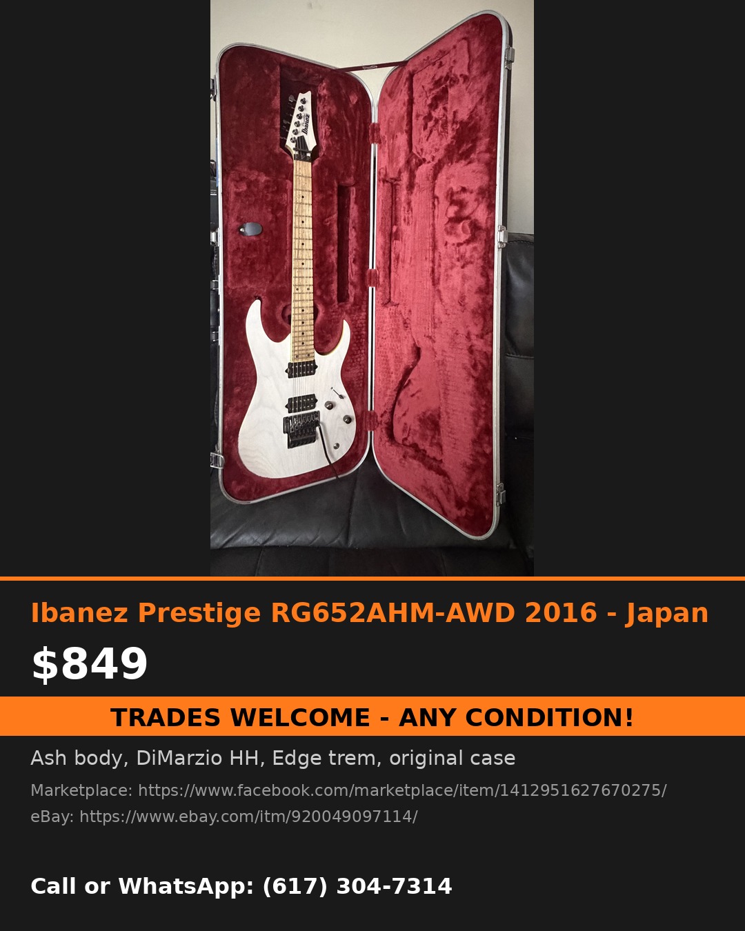 2016 Ibanez Prestige RG652AHM-AWD Antique White Blonde for sale at JRG Guitars Boston